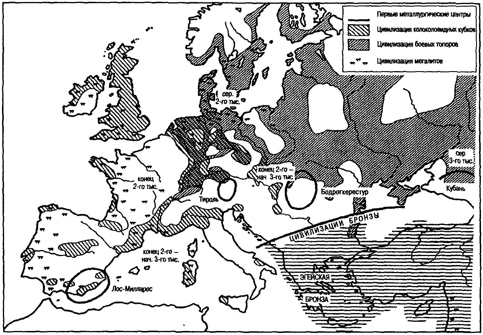Появление металла в Европе. Халколит, зоны цивилизаций колоковидных кубков и боевых топоров