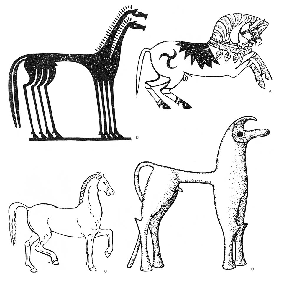 a — лошадь (лёгкий галоп), a — лошадь (пара), abd — лошадь (жеребец), c — лошадь (рысящая) / Эгейский регион. Греческие мотивы