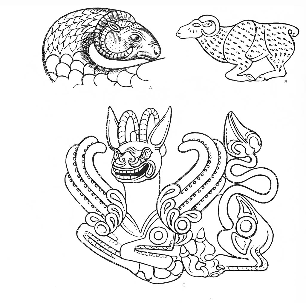 a — баран (голова), b — баран, c — зверь (мифический) / Культура степных кочевников