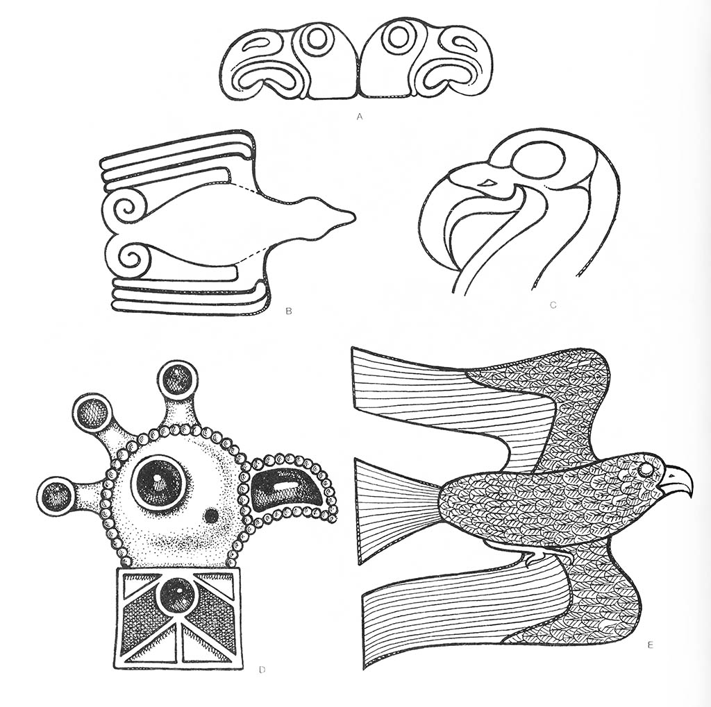 a — орёл (голова), b — птица (летящая), cd — орёл (голова), е — орёл (летящий) / Культура степных кочевников