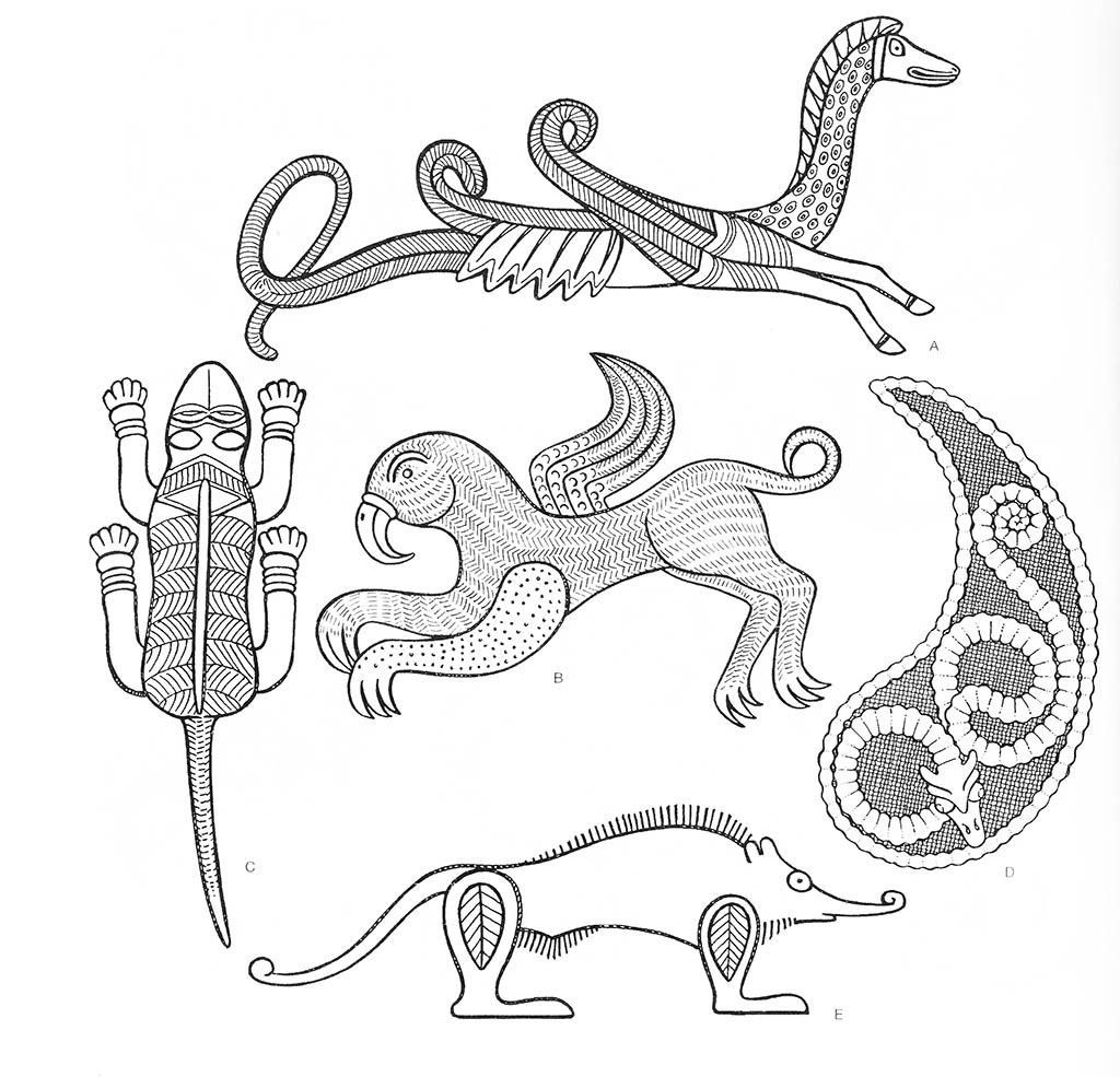 a — лошадь морская (мифологическая), abcde — зверь (мифический), d — змея (мифологическая) / Кельты