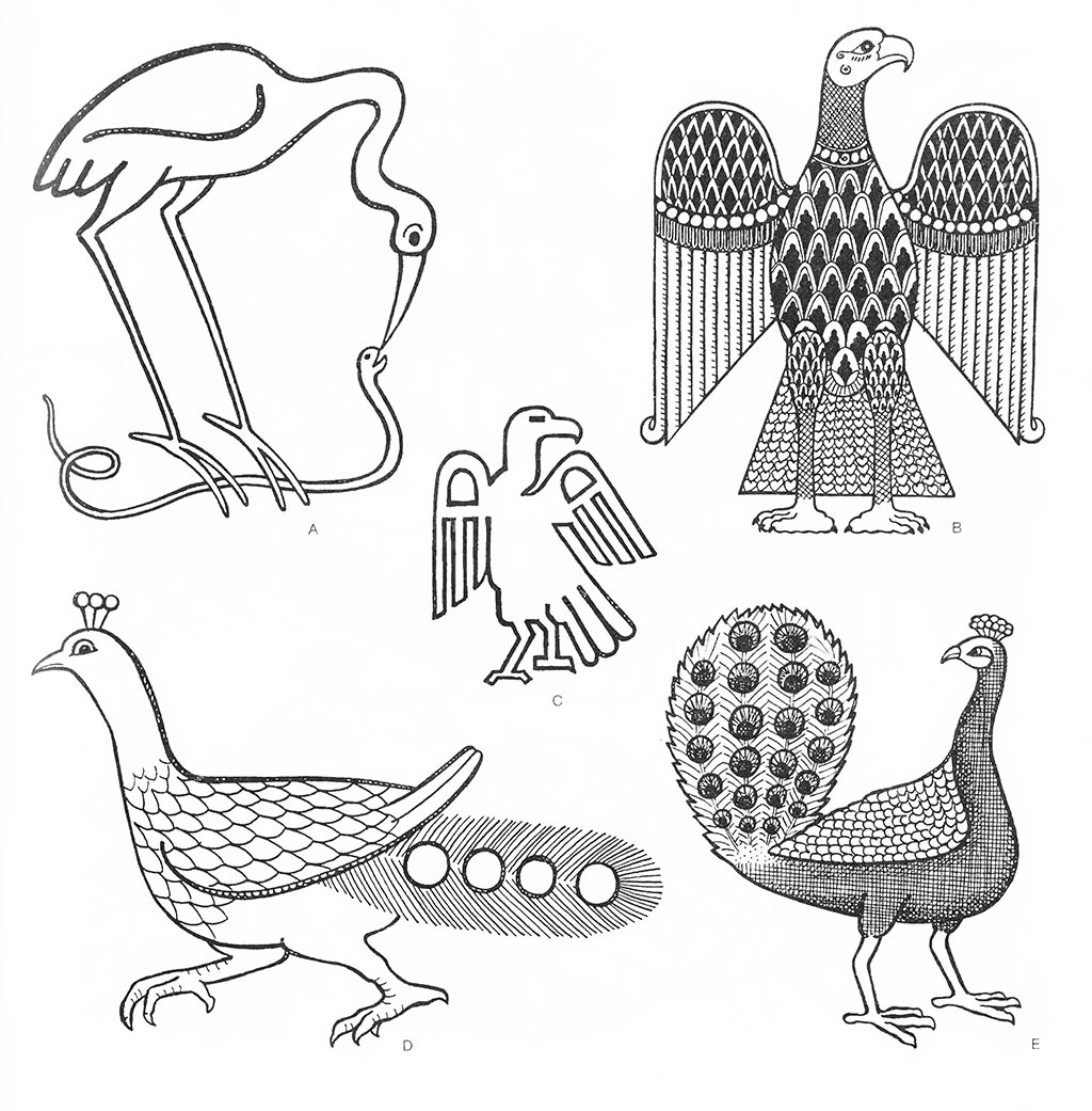 a — журавль (охотящийся), a — змея (пойманная), bc — орёл, de — павлин / Византия