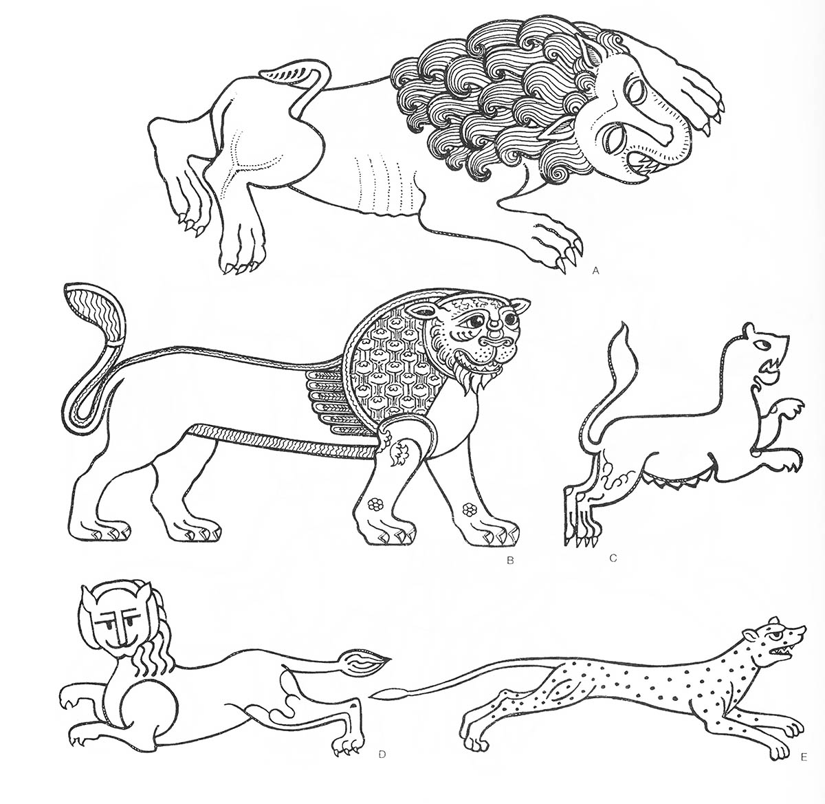 ad — лев (самец, атакующий), b — лев (самец), c — лев (львица, атакующая), е — леопард (бегущий) / Византия