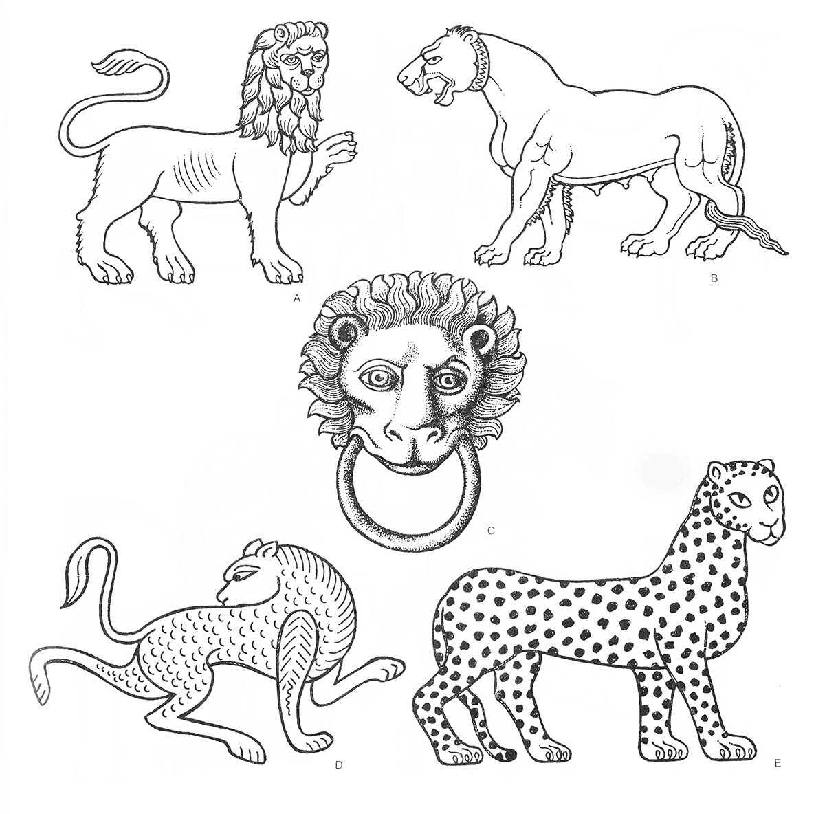 a — лев (самец, идущий с поднятой ногой), b — лев (львица), c — лев (самец, голова), d — леопард (бегущий), е — леопард / Византия