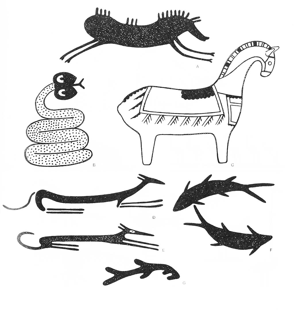 ab — боров, b — змея, c — лошадь, de — гончая, fg — рыба / Месопотамия. Неолит