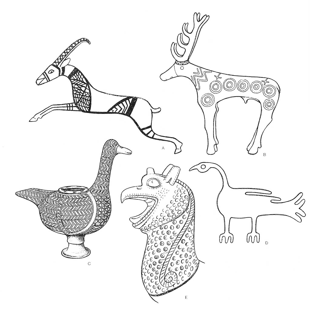 a — козёл горный (нубийский дикий,), b — олень, cd — утка, е — гриффин (голова) / Месопотамия. Хетты