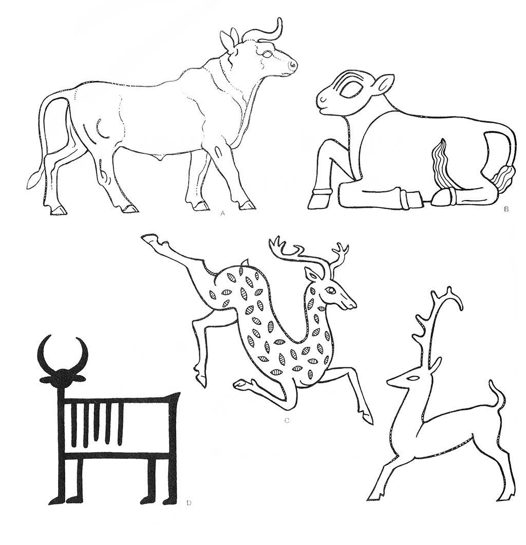 ad — скот (бык), b — скот (корова), b — скот (корова, лежащая), c — олень (самец, бегущий), се — олень (самец) / Месопотамия. Ассирийцы