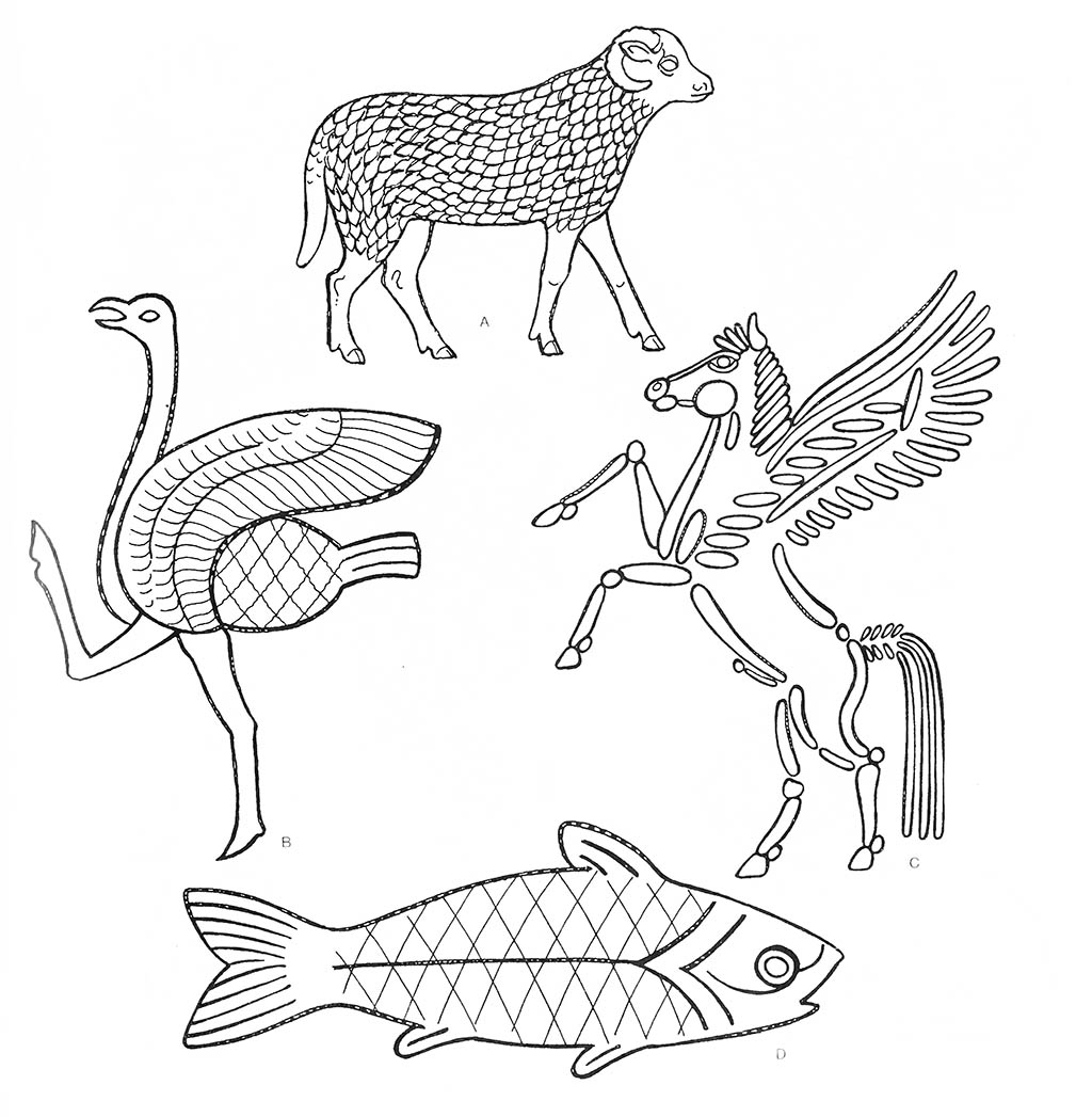 a — овца, b — страус египетский, c — лошадь (крылатая, на дыбах), c — лошадь крылатая (на дыбах), d — рыба / Месопотамия. Ассирийцы