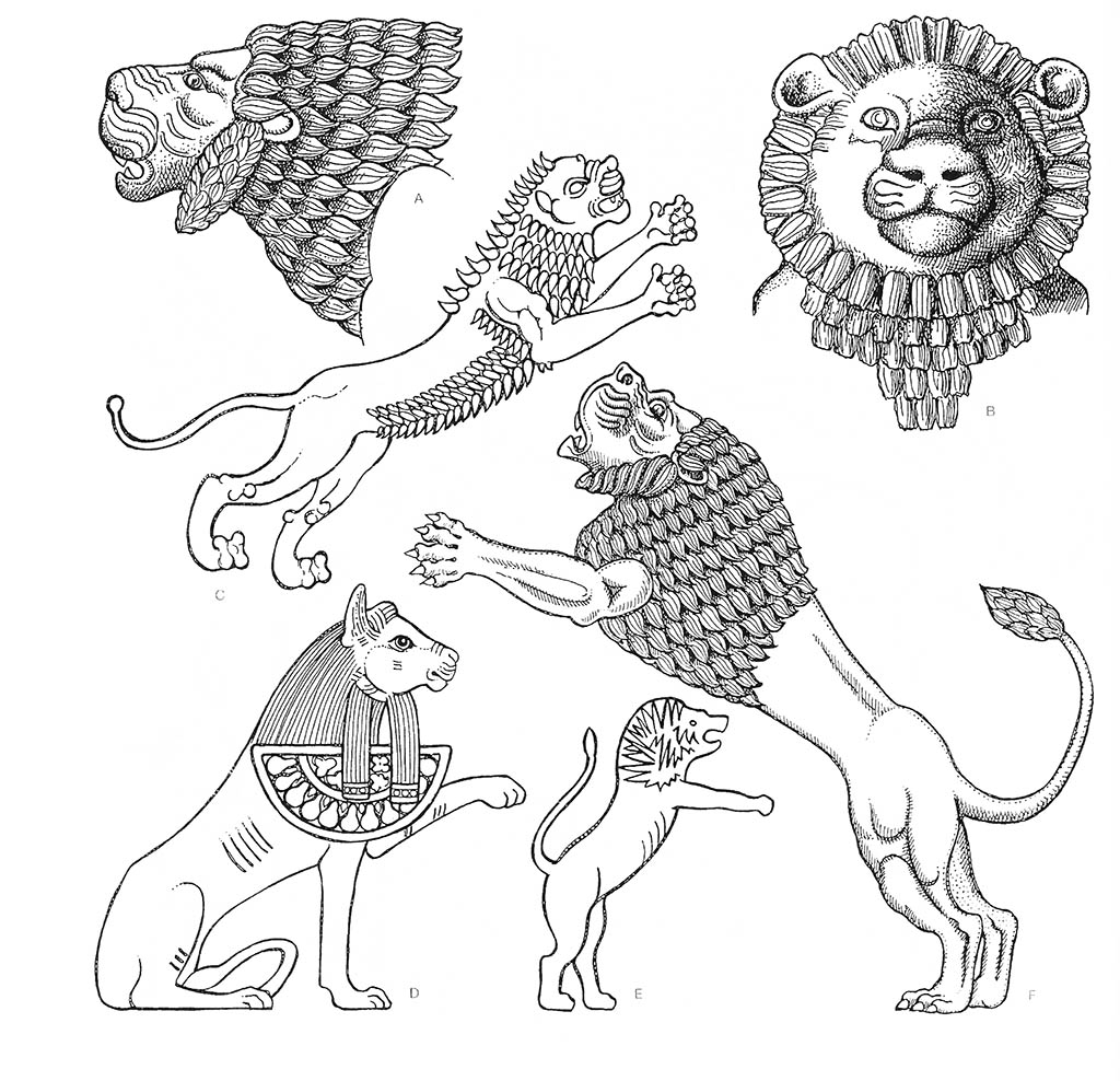 ab — лев (самец, голова), abcdef — лев (самец), cef — лев (самец, на дыбах), d — лев (самец, сидящий) / Месопотамия. Ассирийцы