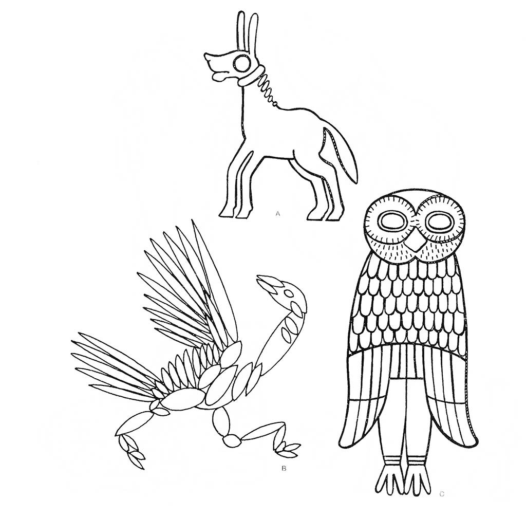 a — осел, b — страус (бегущий), c — сова / Месопотамия. Вавилон