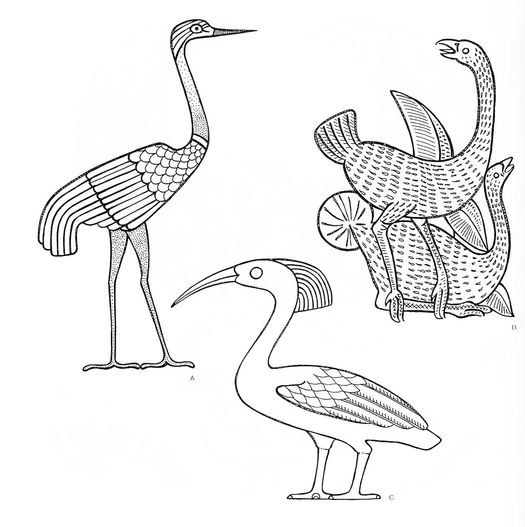 a — журавль, b — страус (пара), c — молотоглав / Египет