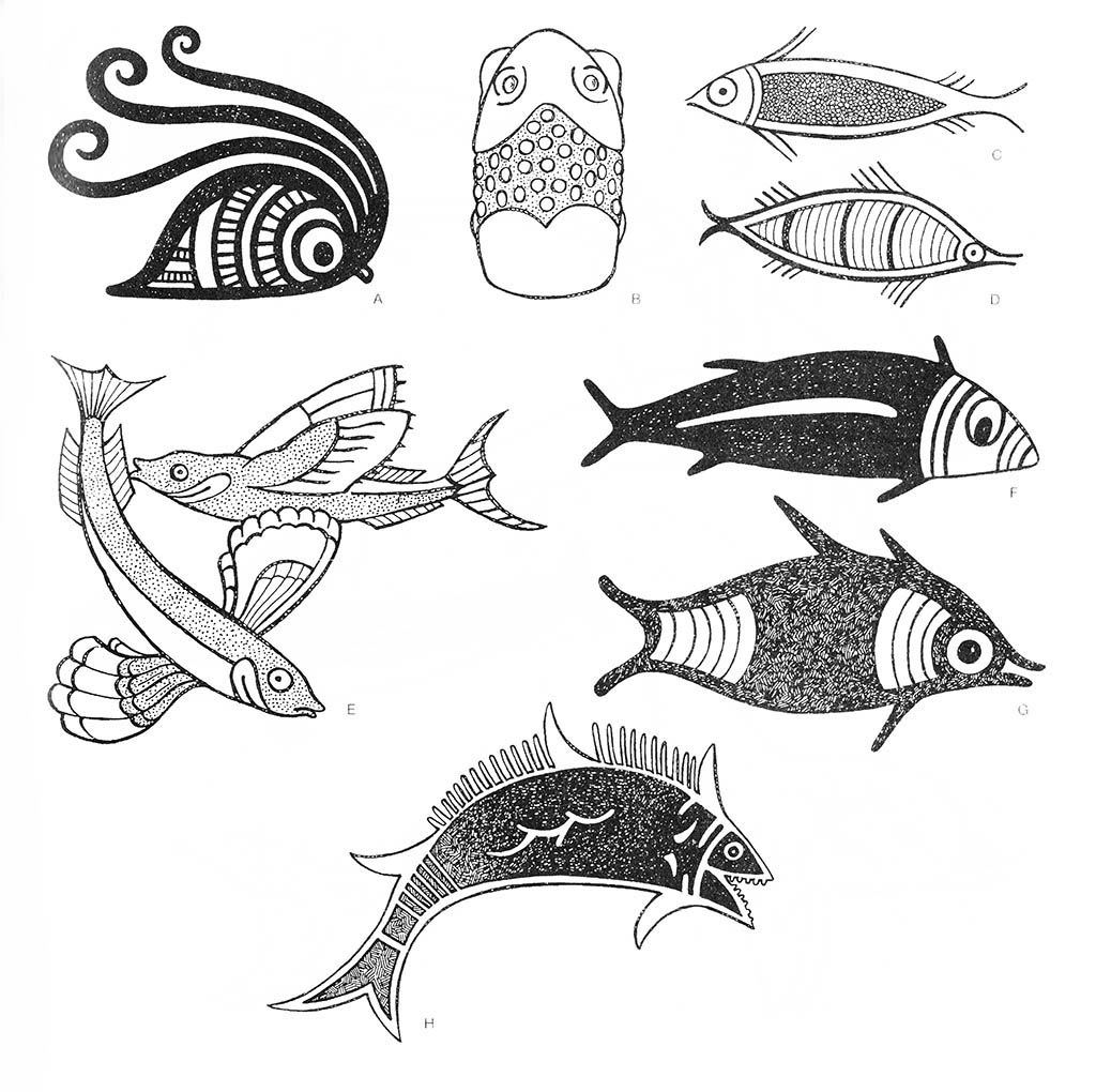 a — осьминог, b — лягушка, defgh — рыба (пара), е — рыба летучая / Эгейский регион. Минойские мотивы