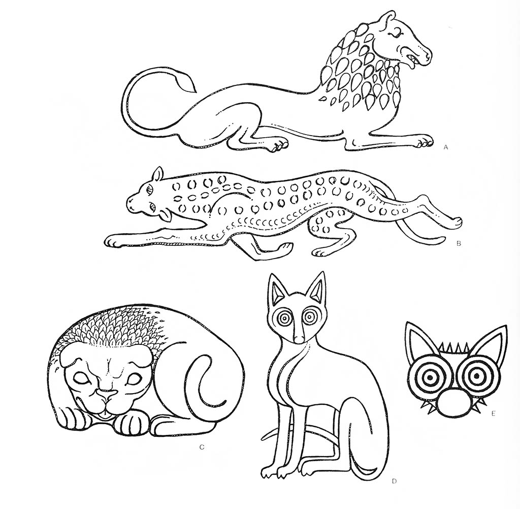 a — лев (самец), b — леопард, c — собака (щенок), d — кот (сидящий), е — кот (голова) / Эгейский регион. Минойские мотивы