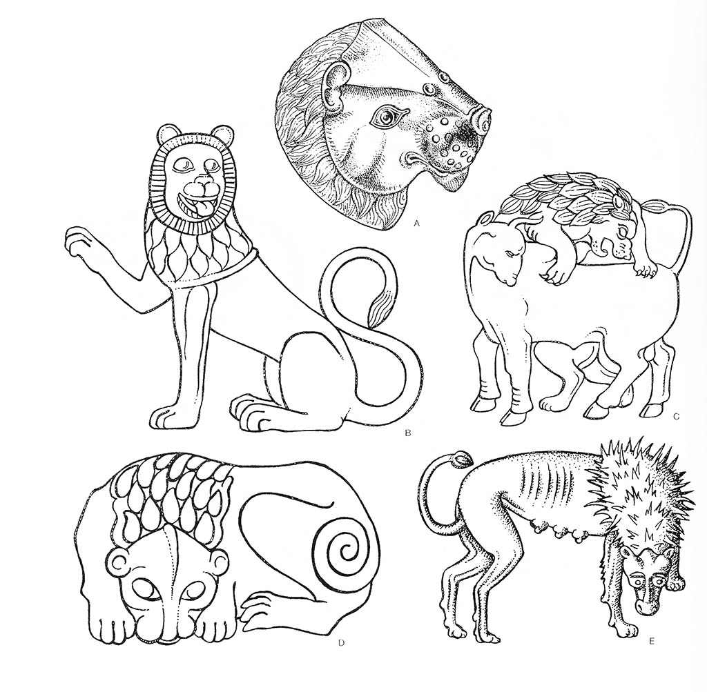 a — лев (самец, голова), b — лев (самец, сидящий), c — лев (самец, охотящийся), d — лев (самец, лежащий), е — лев (львица) / Эгейский регион. Микенские мотивы