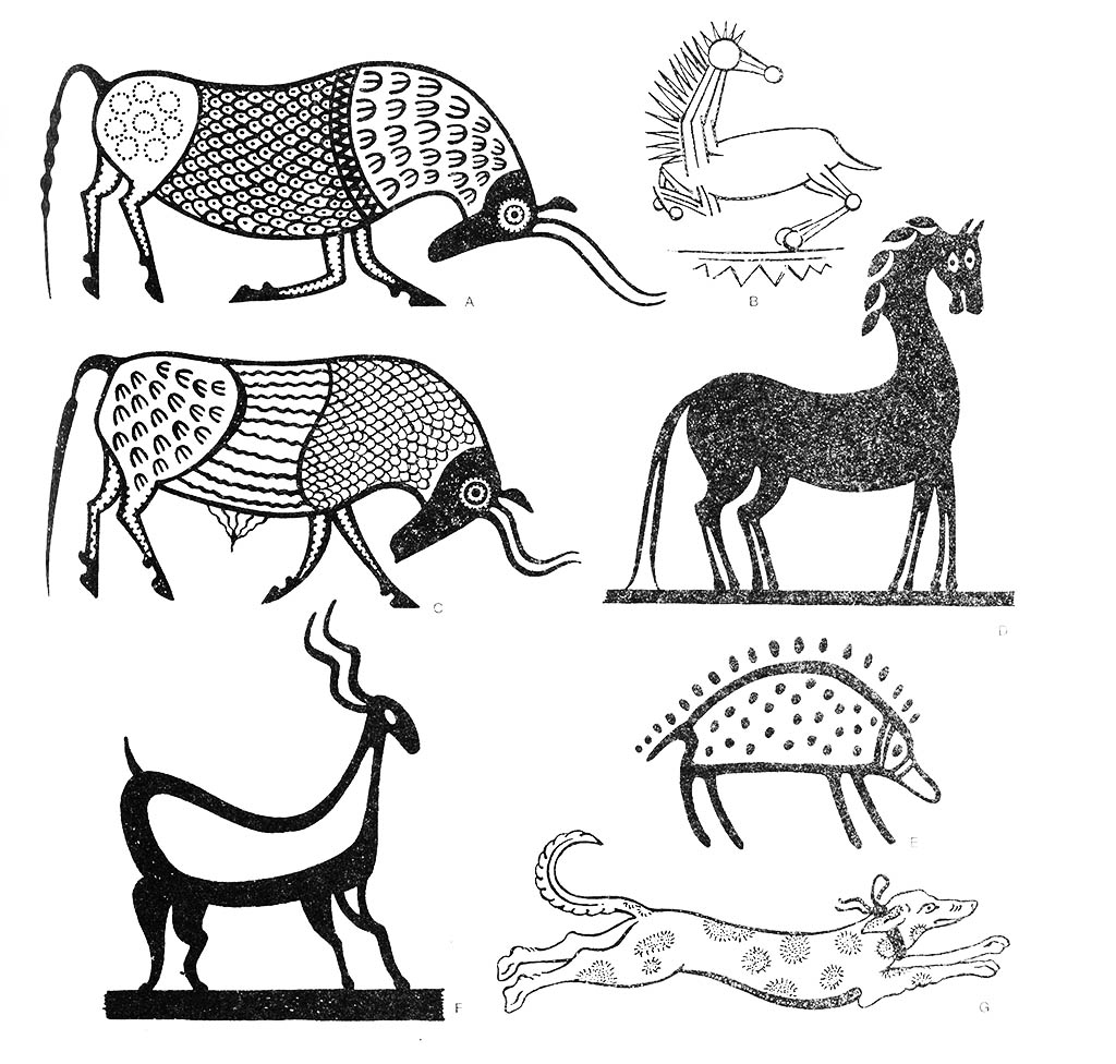 ac — скот (бык, нападающий), b — лошадь (галопирующая), d — лошадь (пара), e — ёж, f — антилопа, g — гончая (бегущая) / Эгейский регион. Микенские мотивы