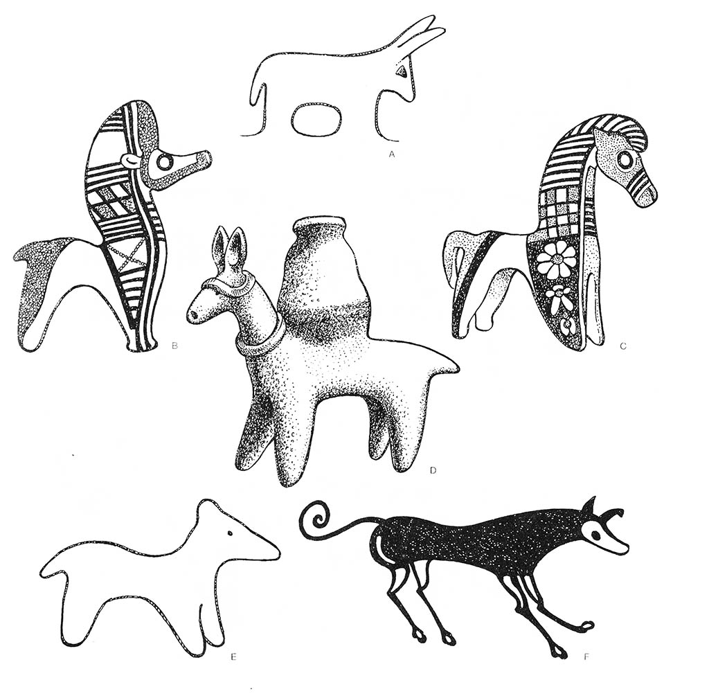 a — заяц, bc — лошадь, d — осёл (нагруженный), ef — собака / Эгейский регион. Кипрские мотивы