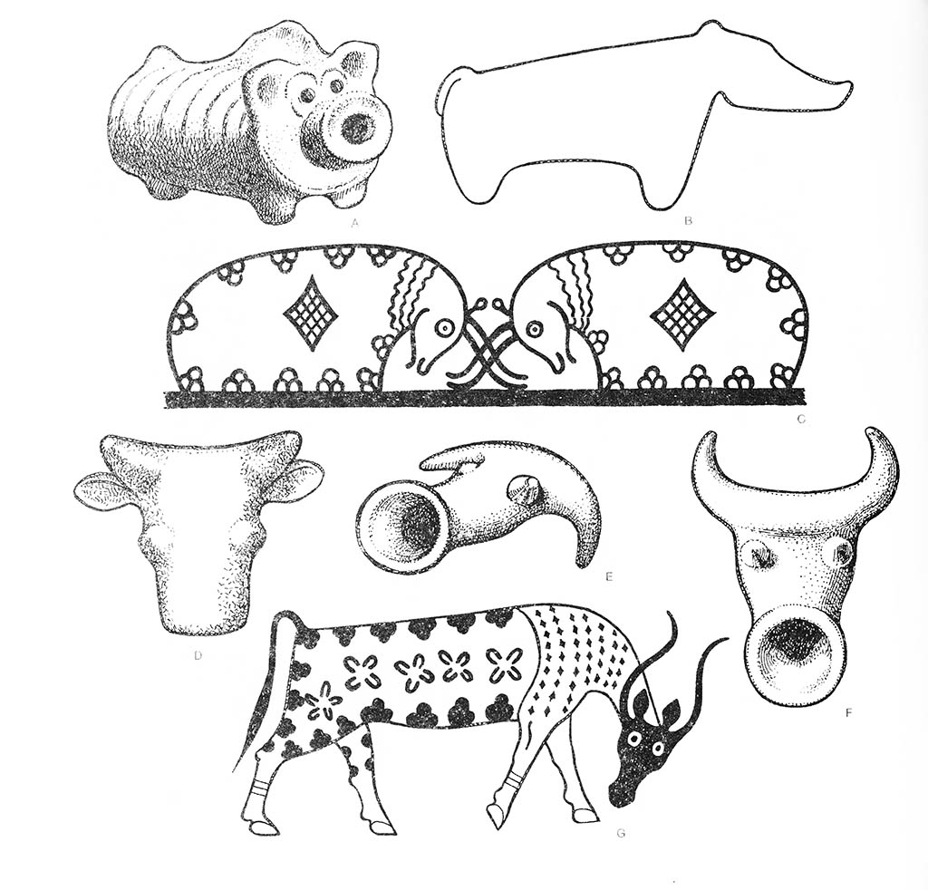 ab — свинья (сосущие), c — скот (быки, бодающиеся), def — скот (голова), g — скот (бык) / Эгейский регион. Кипрские мотивы