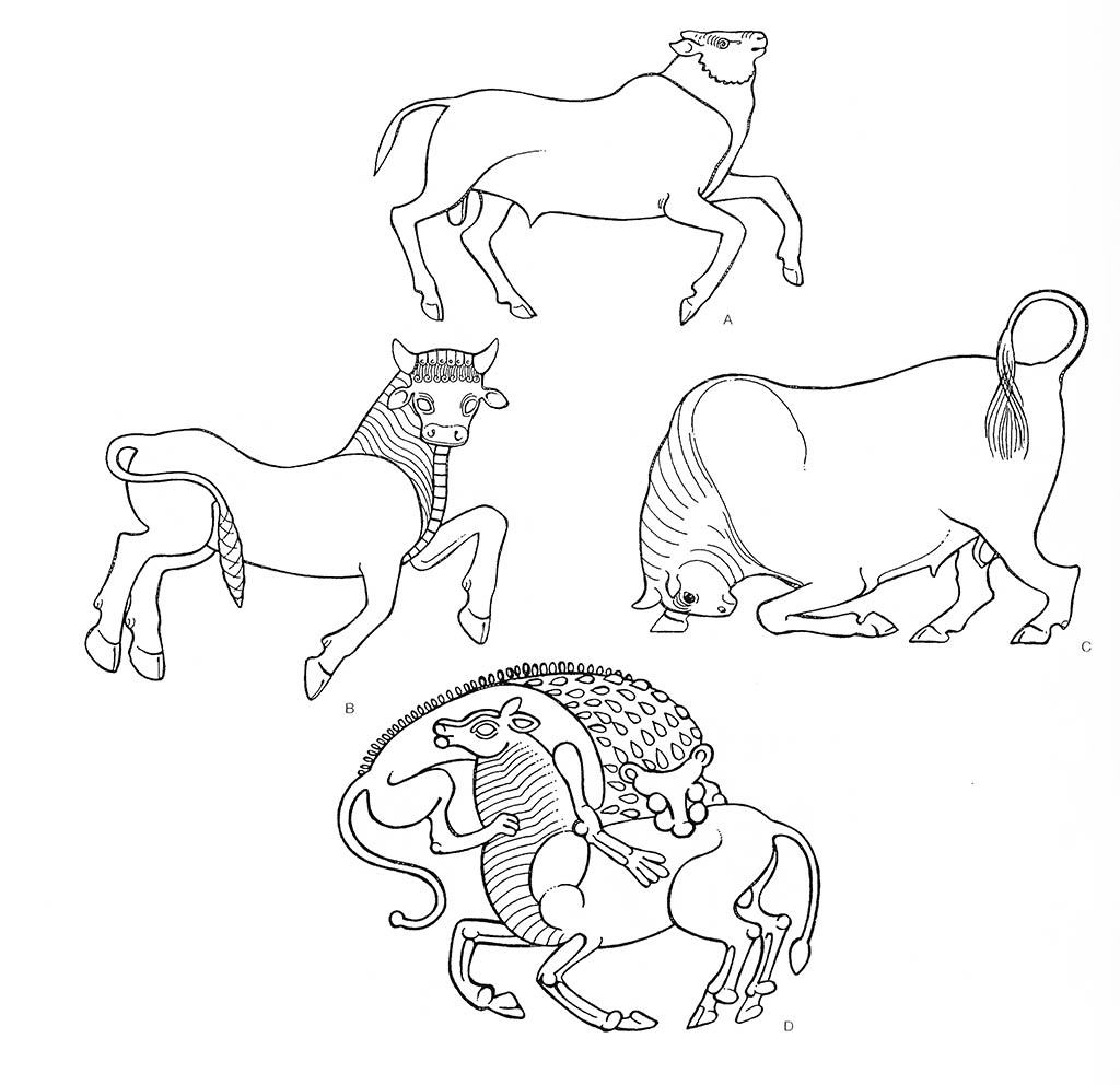 a — скот (вол, бегущий), b — скот (бык, бегущий), c — скот (бык, нападающий), d — лев (самец, охотящийся), d — скот (бык, преследуемый) / Эгейский регион. Греческие мотивы