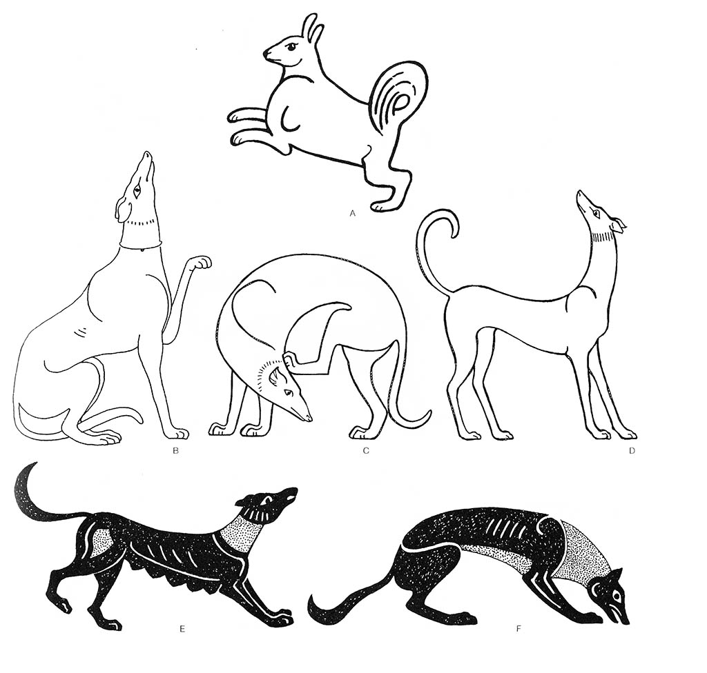 a — собака (игрушка), b — гончая (сидящая), b — собака (сидящая), c — гончая (чешущаяся), c — собака (чешущаяся), d — гончая, f — гончая (питающаяся), е — гончая (сука), е — собака (сука) / Эгейский регион. Греческие мотивы