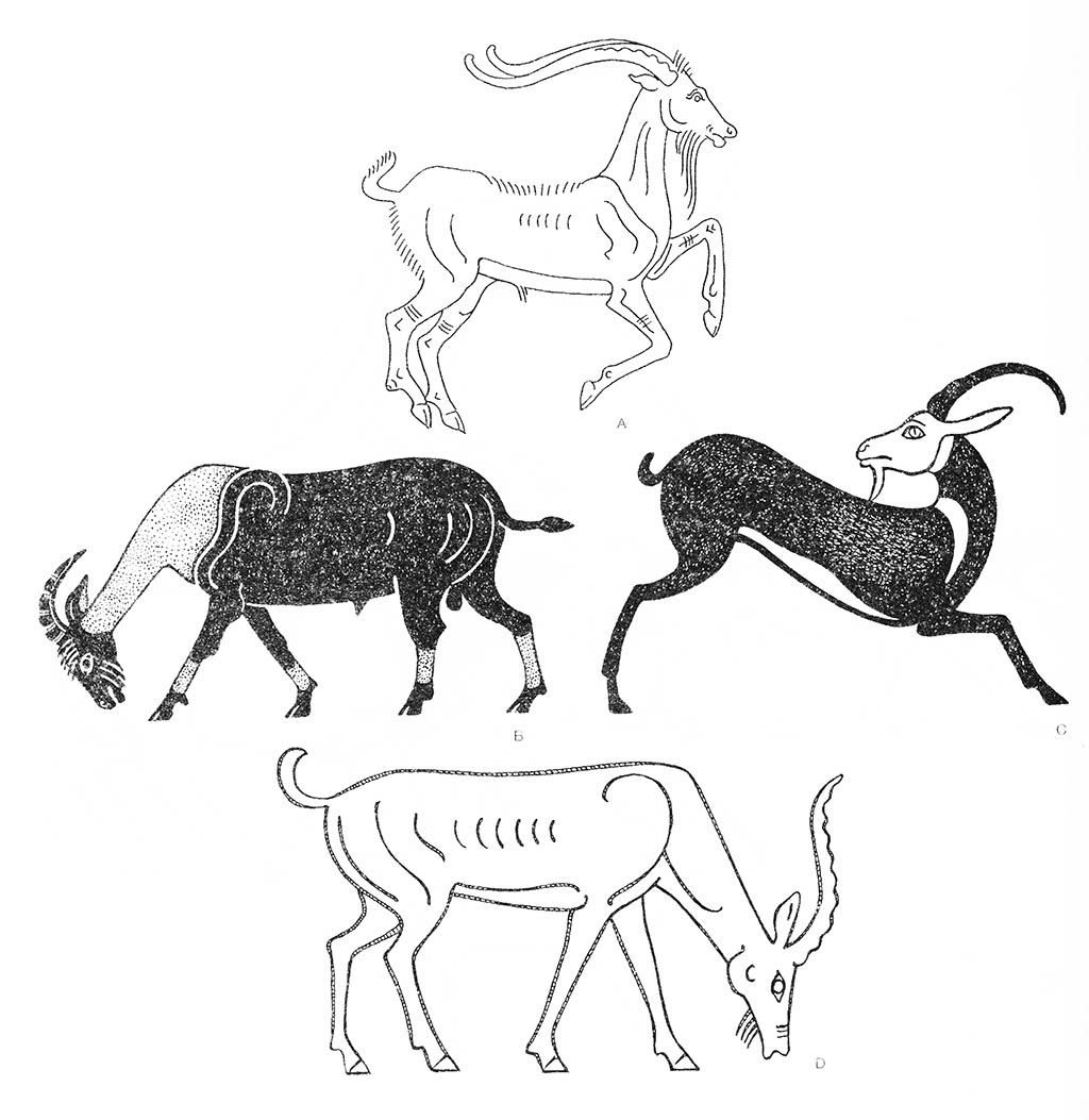 a — козёл (самец, бегущий), b — козёл (самец, питающийся), c — козёл горный (безоар дикий), d — козёл (самка, питающаяся) / Эгейский регион. Греческие мотивы