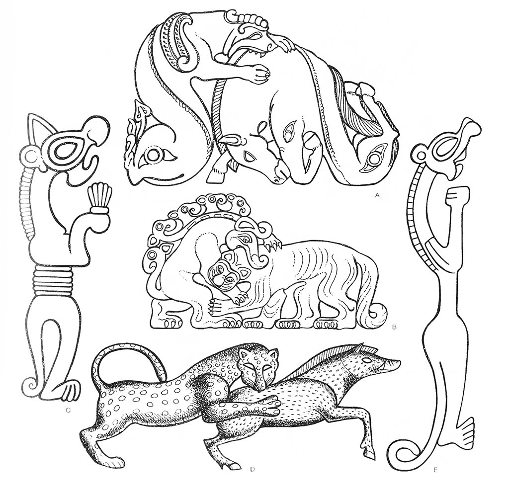 a — лев (крылатый, охотящийся), a — лошадь (пойманная), b — зверь (мифический, дерущийся), b — тигр (дерущийся), се — лев (на дыбах), d — боров (преследуемый), d — леопард (охотящийся) / Культура степных кочевников
