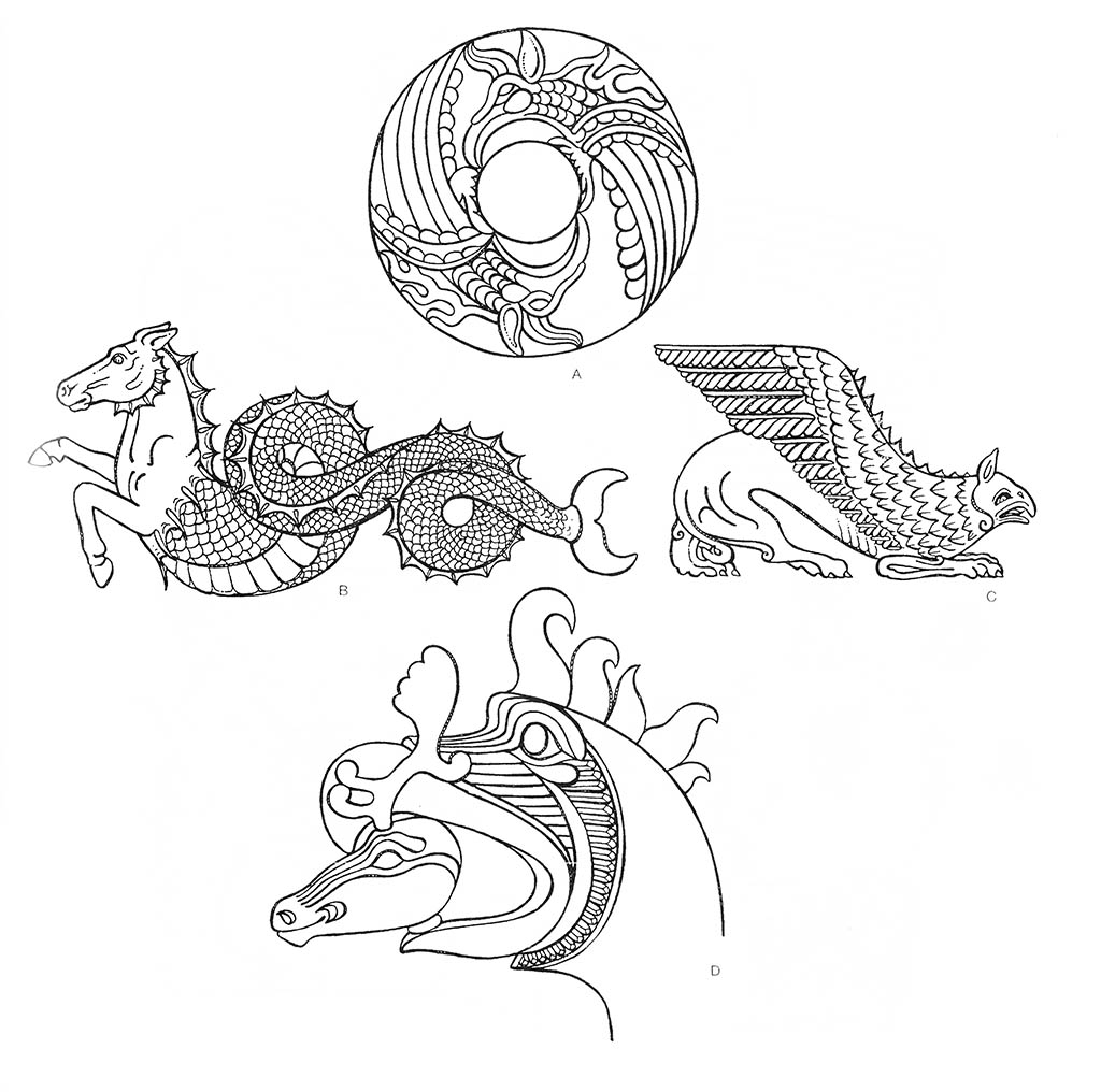 ac — гриффин, b — лошадь морская (мифологическая), d — гриффин (пожирающий, голова) / Культура степных кочевников