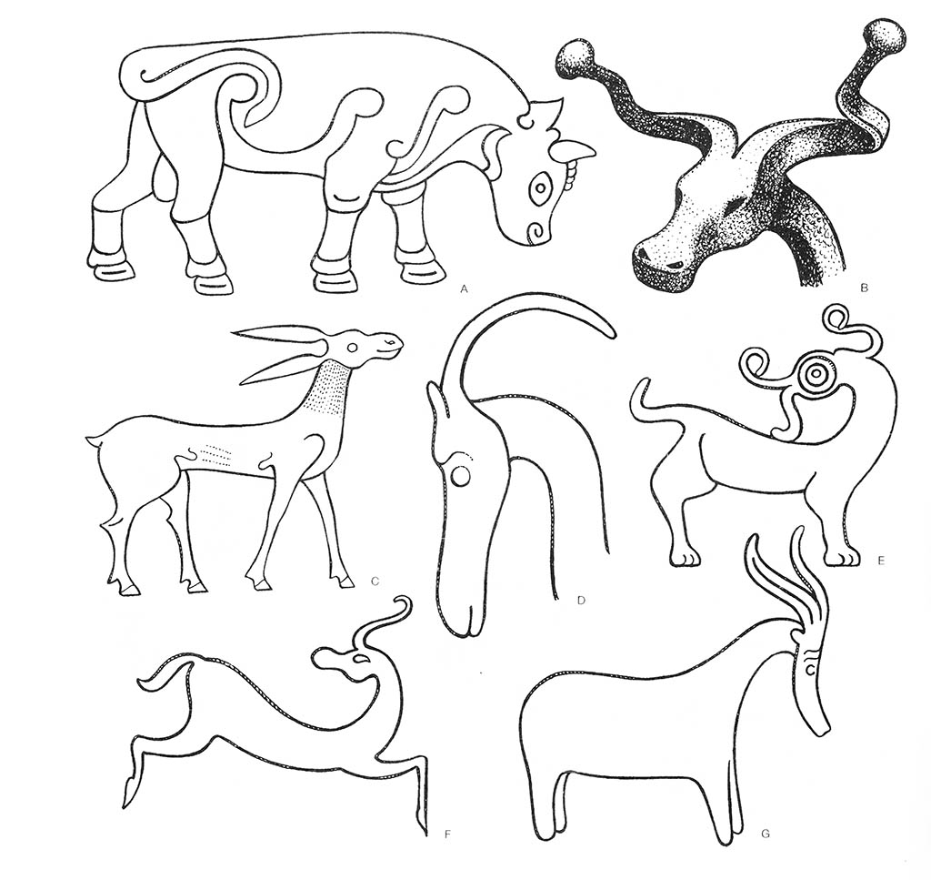 a — скот (бык), b — скот (бык, голова), c — лось, d — козёл (голова), f — олень (бегущий), g — козёл / Кельты