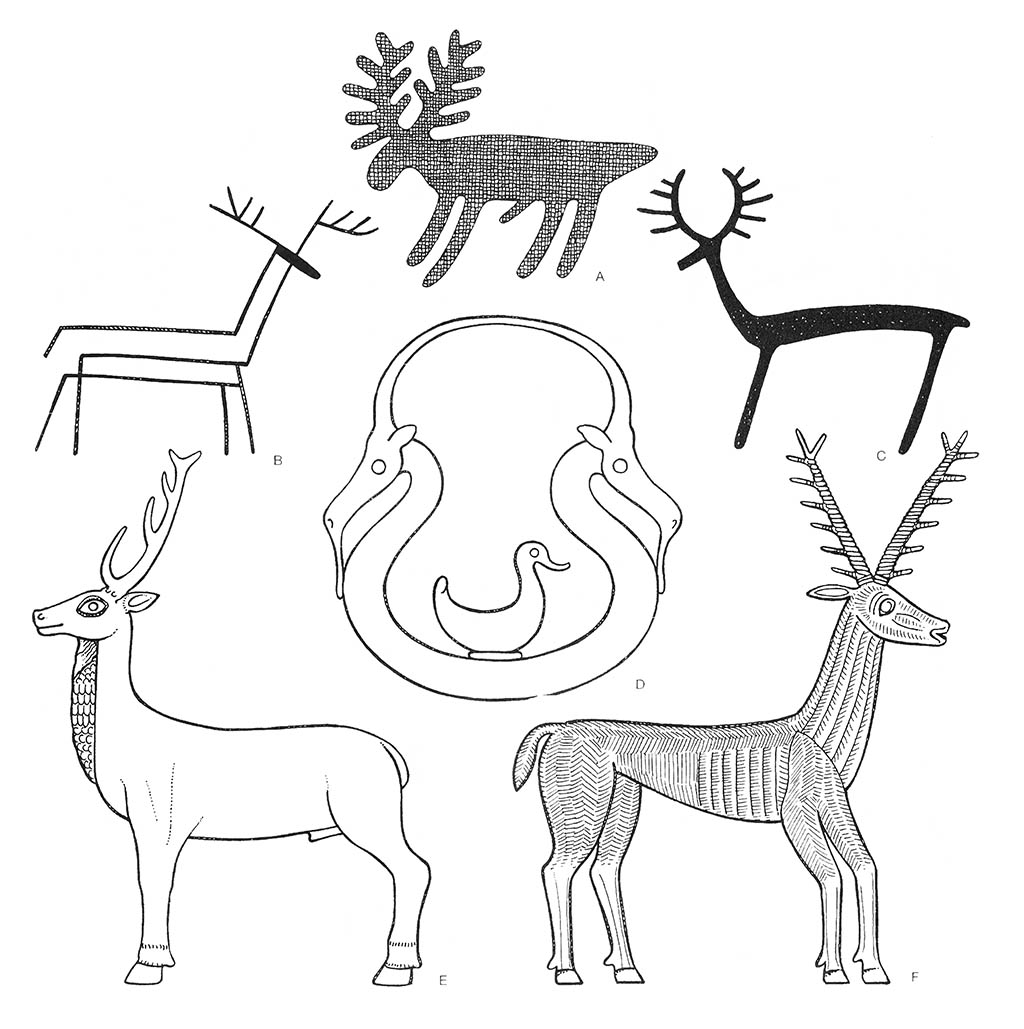 abc — олень северный (самец), d — козёл, d — утка, ef — олень (самец) / Кельты