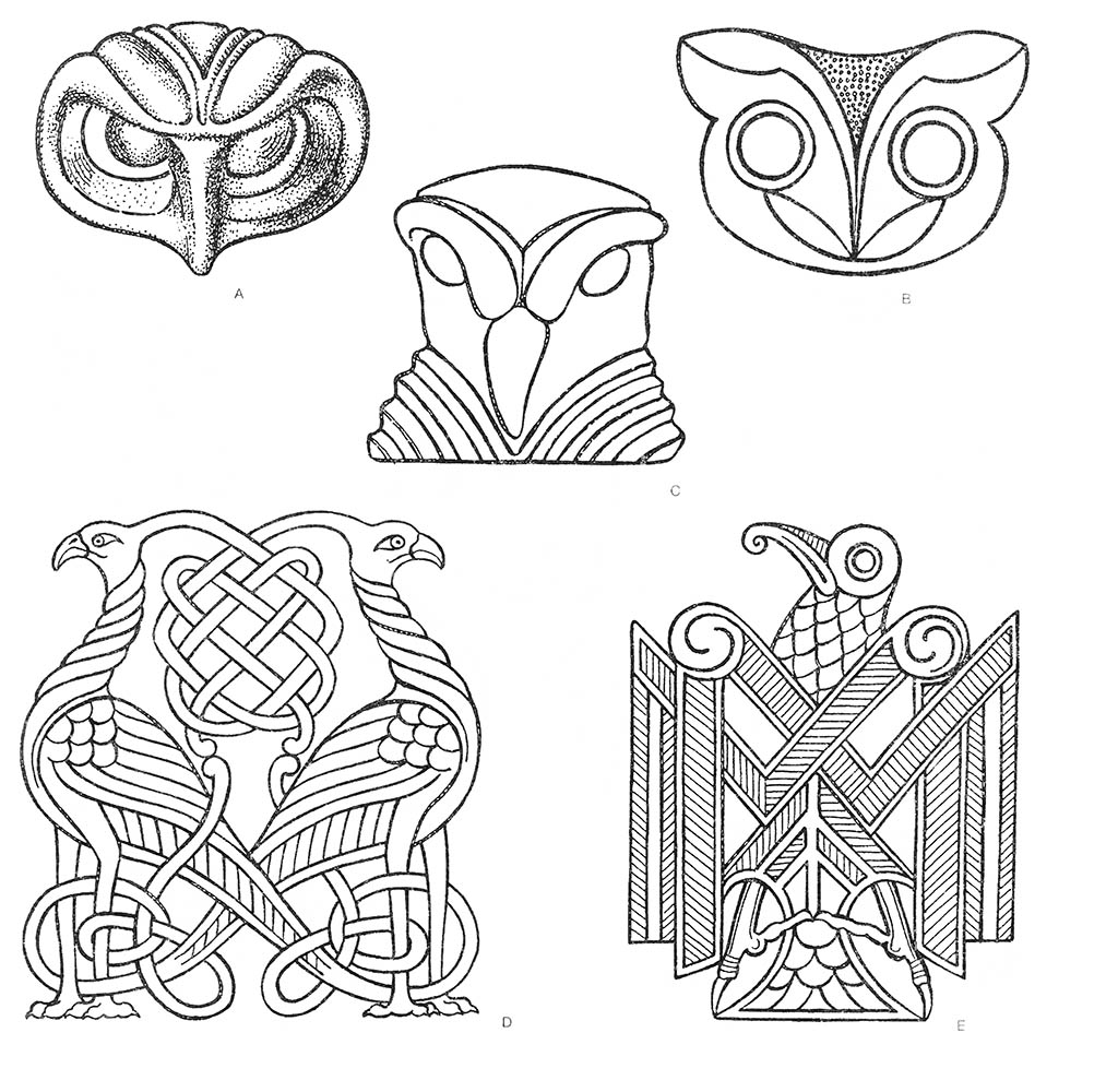 abc — сова (голова), d — орёл (пара), е — орёл / Кельты