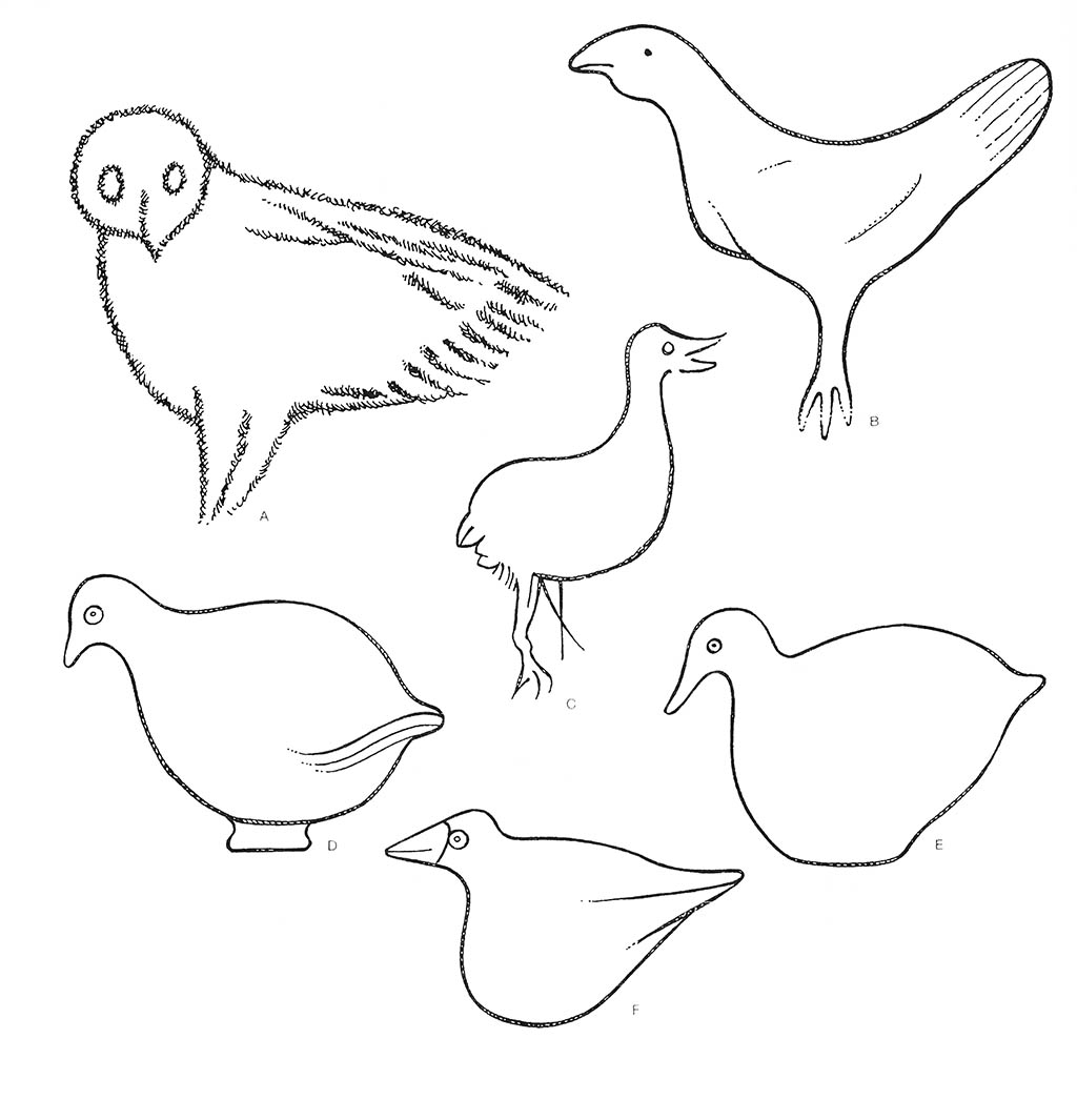 a — сова, bc — птица, d — перепел, d — утка, f — ворона / Каменный век. Европа