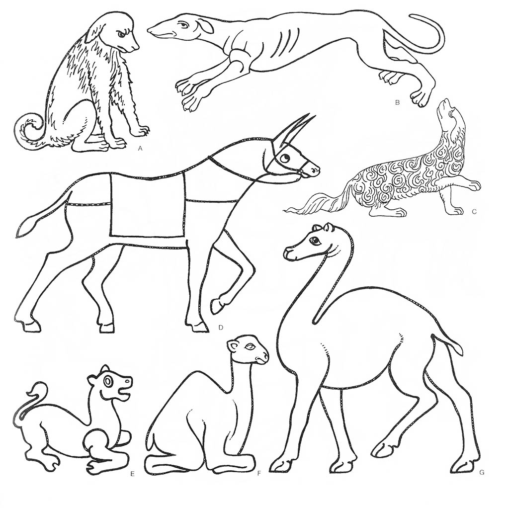 ac — собака (игрушка), b — гончая (бегущая), b — собака (гончая), d — осёл (под седлом), f — верблюд (лежащий), g — верблюд, е — скот (телёнок) / Византия