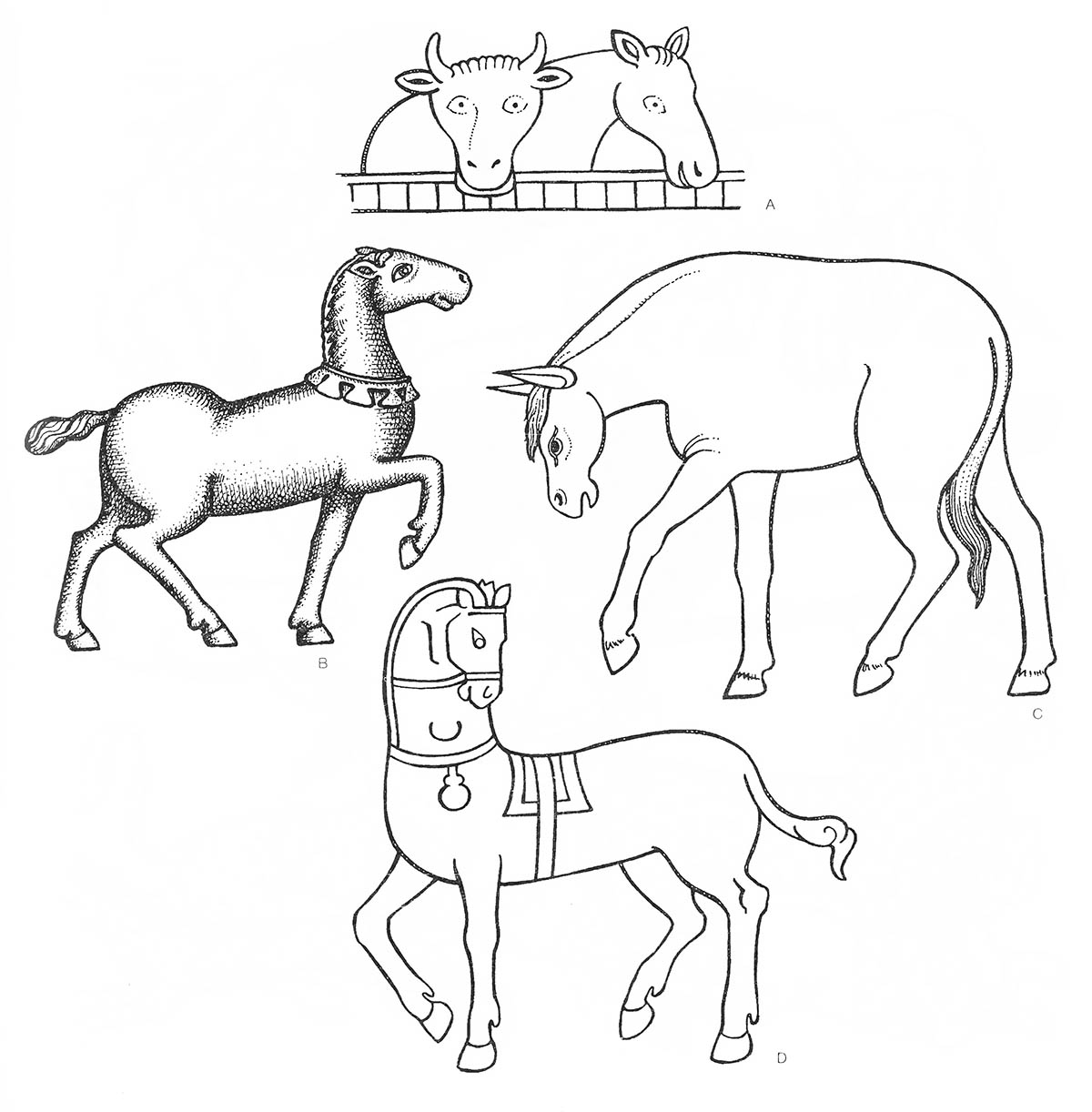 a — лошадь (голова), a — скот (голова), b — лошадь (в ошейнике), c — осел, d — лошадь (в попоне) / Византия