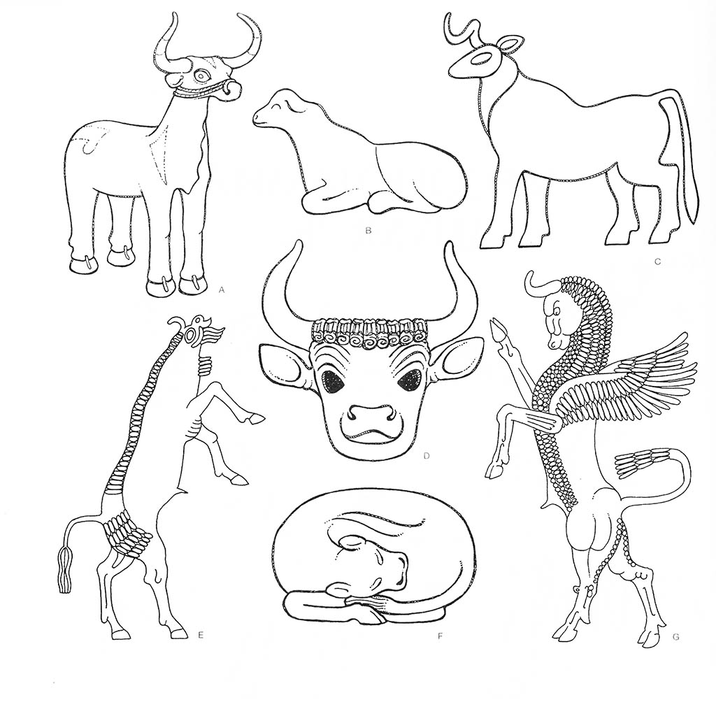 acdeg — скот (бык), b — скот (телёнок, лежащий), cde — козёл (самец), d — скот (бык, голова), eg — скот (бык, на дыбах), f — скот (телёнок, спящий), g — бык крылатый, g — скот (крылатый, бык) / Месопотамия. Шумеры