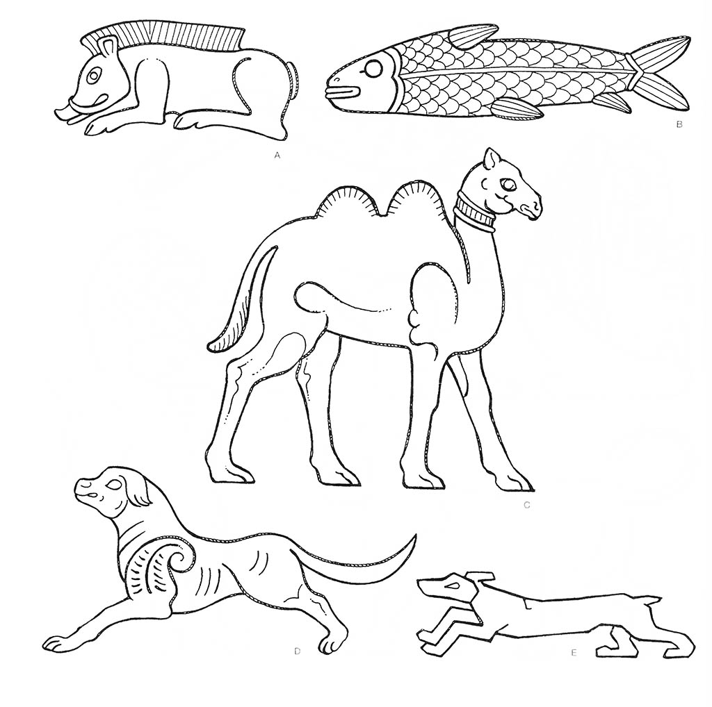 a — боров (лежащий), b — рыба (пара), c — верблюд (бактриан), d — собака (похожая на мастиффа), е — собака (похожая на таксу) / Месопотамия. Персы