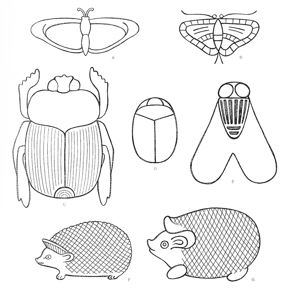 ab — бабочка, cd — жук-скарабей, fg — ёж, е — муха / Египет