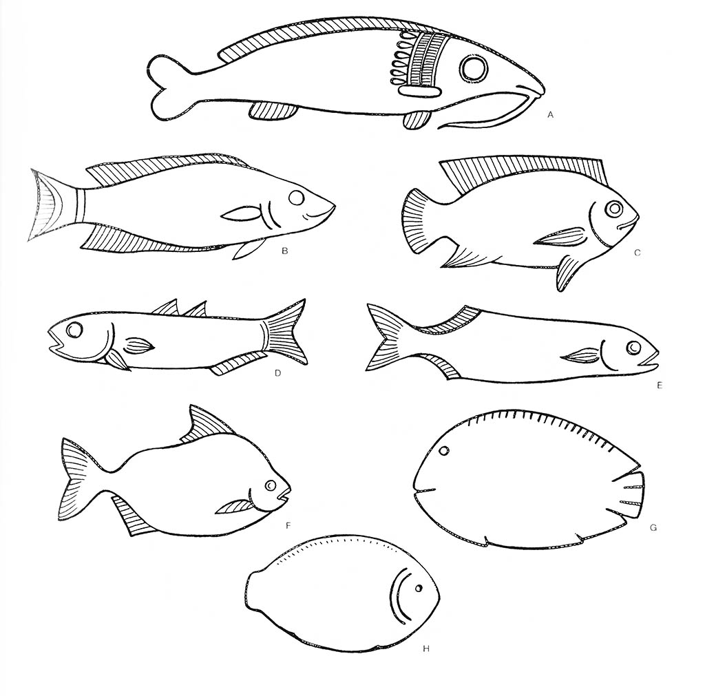 a — рыба остроносая, abcdefgh — рыба (пара), bcg — окунь нильский / Египет