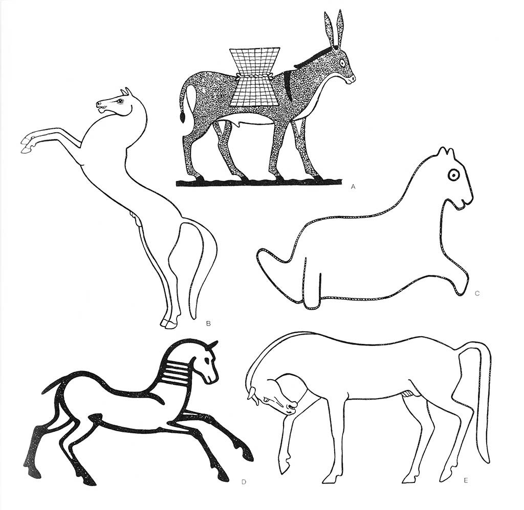 a — осёл (нагруженный), b — лошадь (на дыбах), се — лошадь, d — лошадь (бегущая) / Египет
