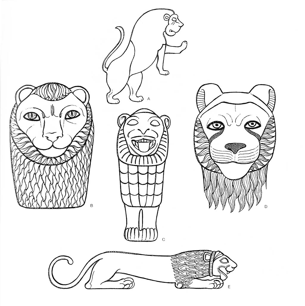 a — лев (самец, на дыбах), bd — лев (самец, голова), c — лев (самец), е — лев (самец, преследующий) / Египет