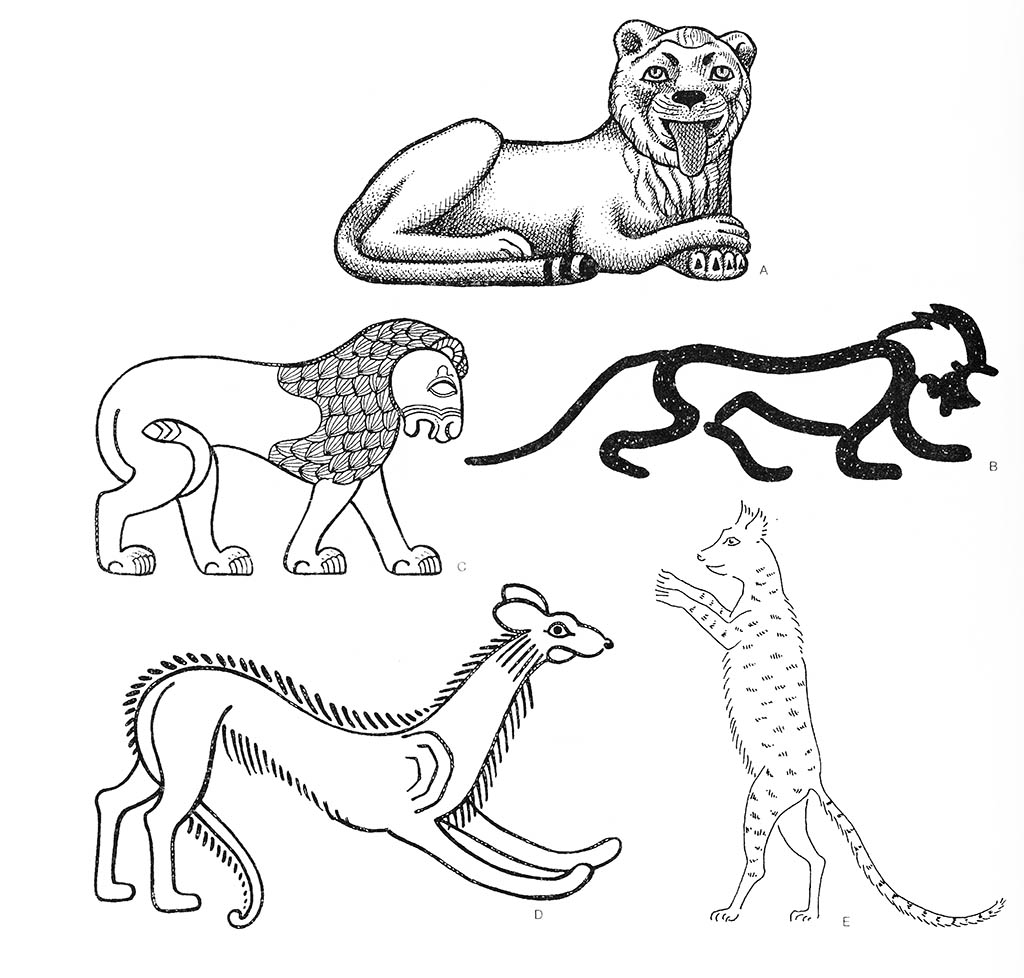 a — лев (самец, лежащий), bc — лев (самец), de — кот (дикий) / Египет