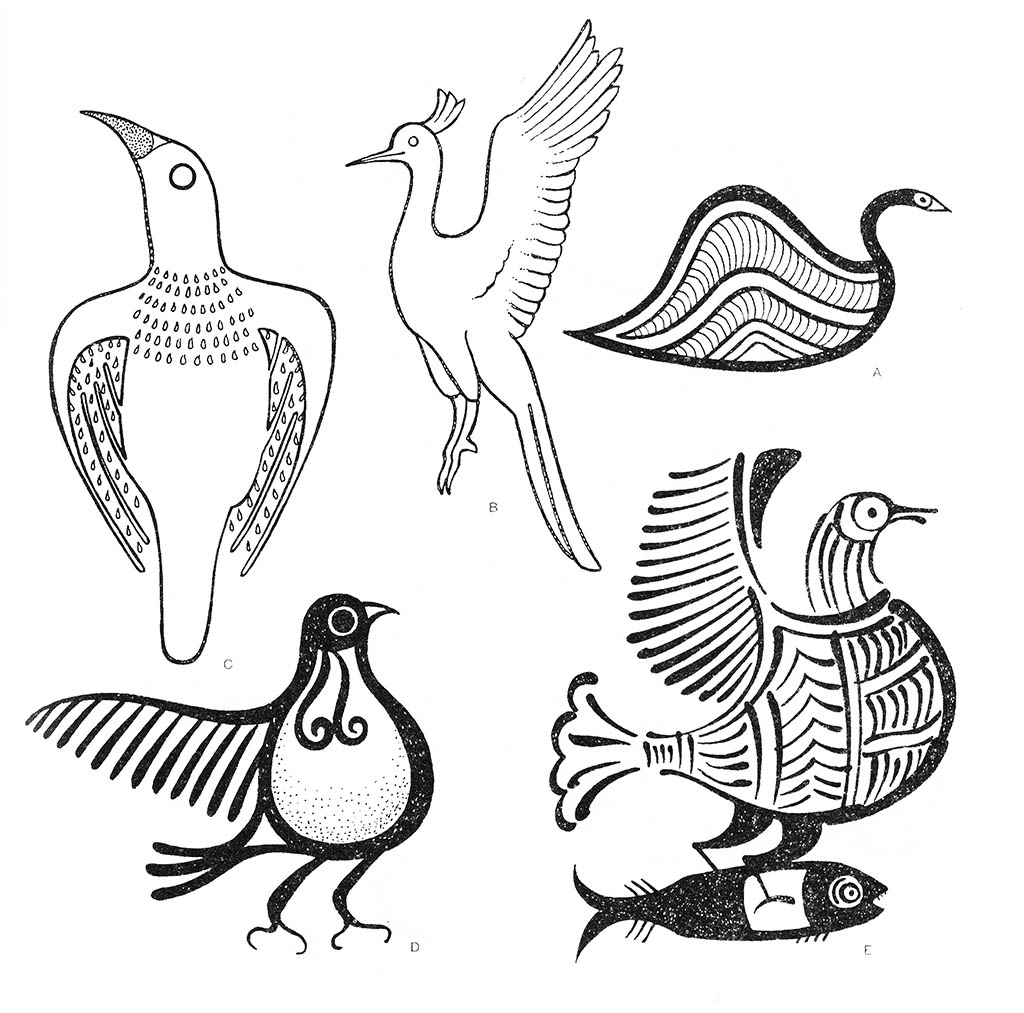 a — птица водяная, b — цапля белая, е — чайка / Эгейский регион. Минойские мотивы