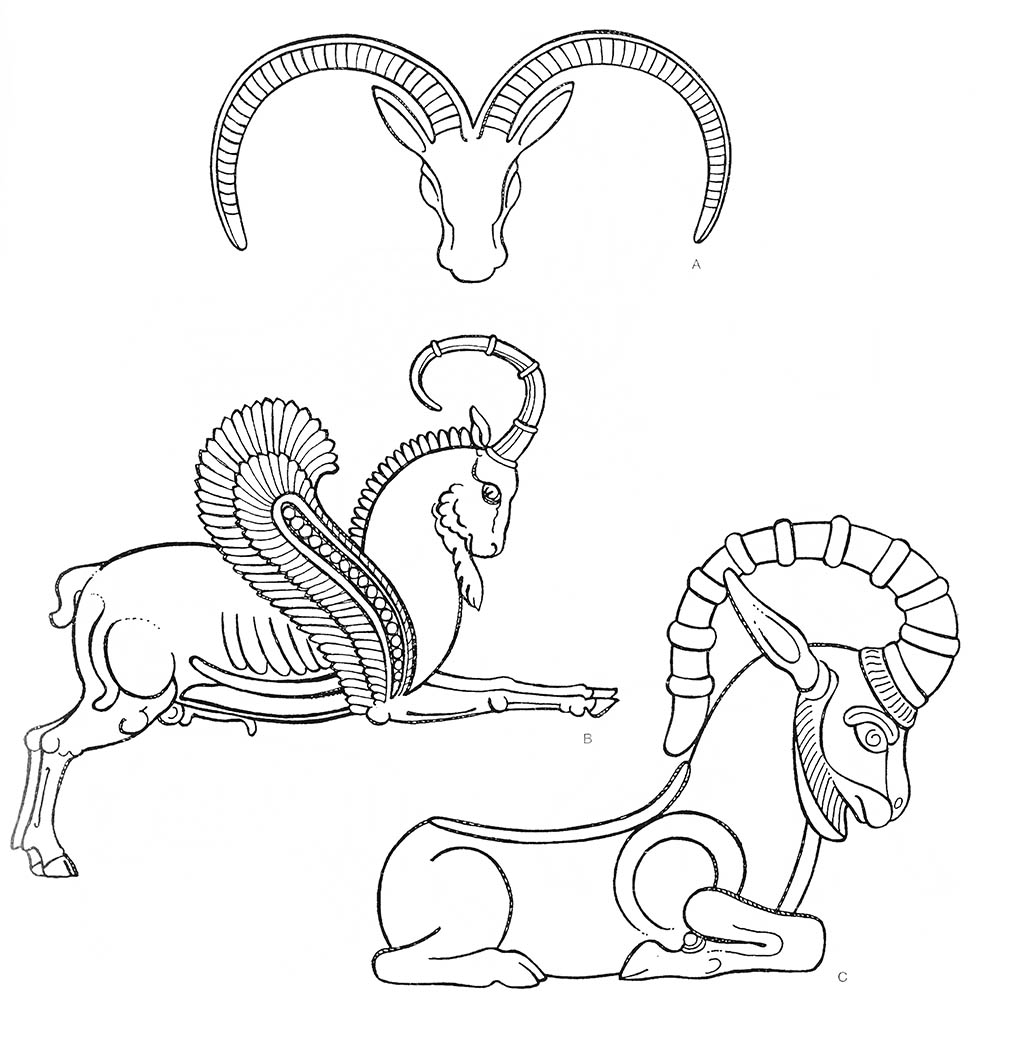 a — козёл горный (нубийский, самец,), b — козёл горный (самец), b — козёл горный (голова нубийский, самец,), c — козёл горный (самец, лежащий) / Месопотамия. Персы